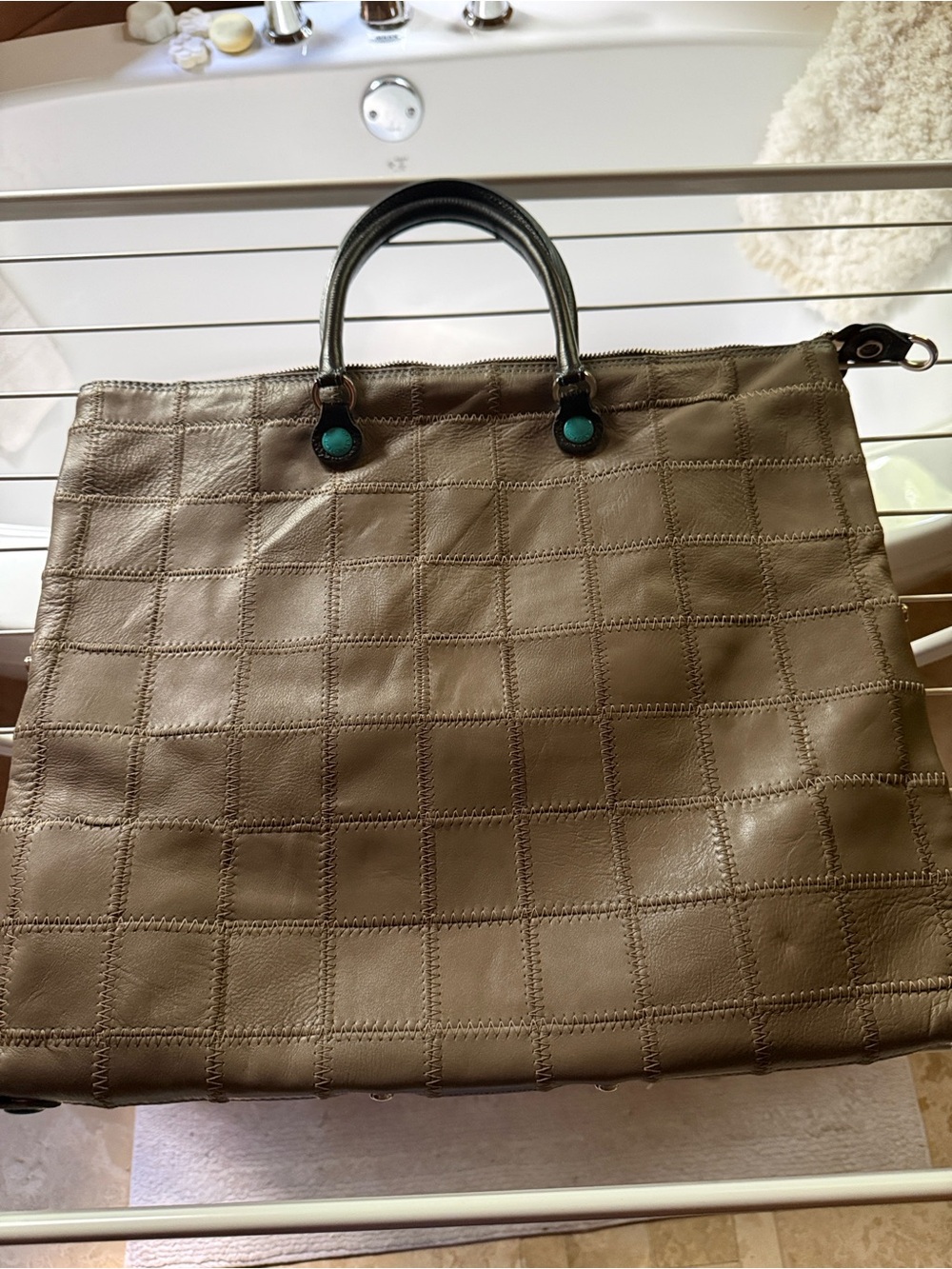Gabs  Square-Panel Tote in Olive Green/Brown Leather